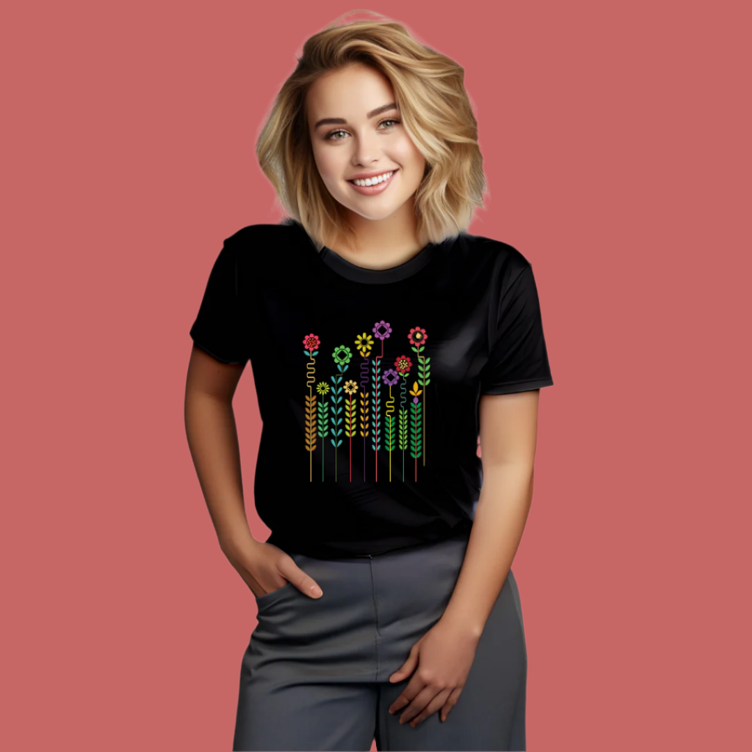 Floral Print Graphic Spring T-Shirt, 100% Cotton, Short Sleeve for Womens